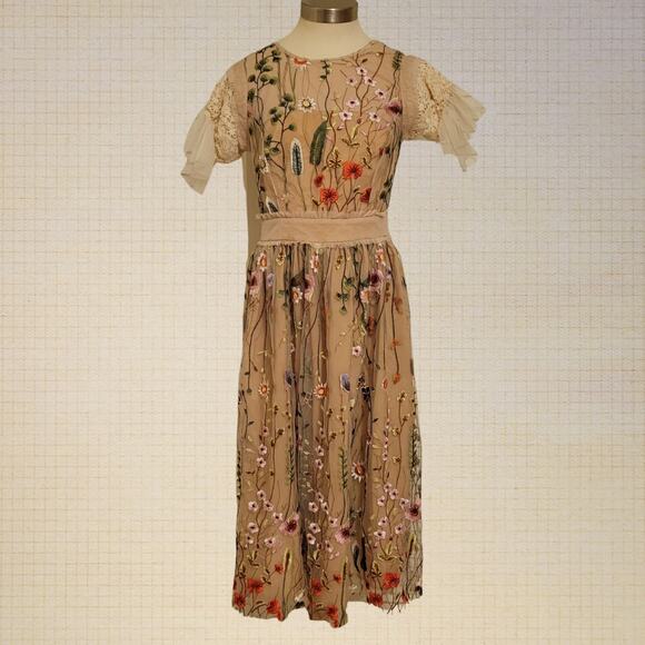 Floral Embroidered Mesh Midi Dress Handmade Beige Sheer Tassel Sleeve XS-S - Picture 1 of 8